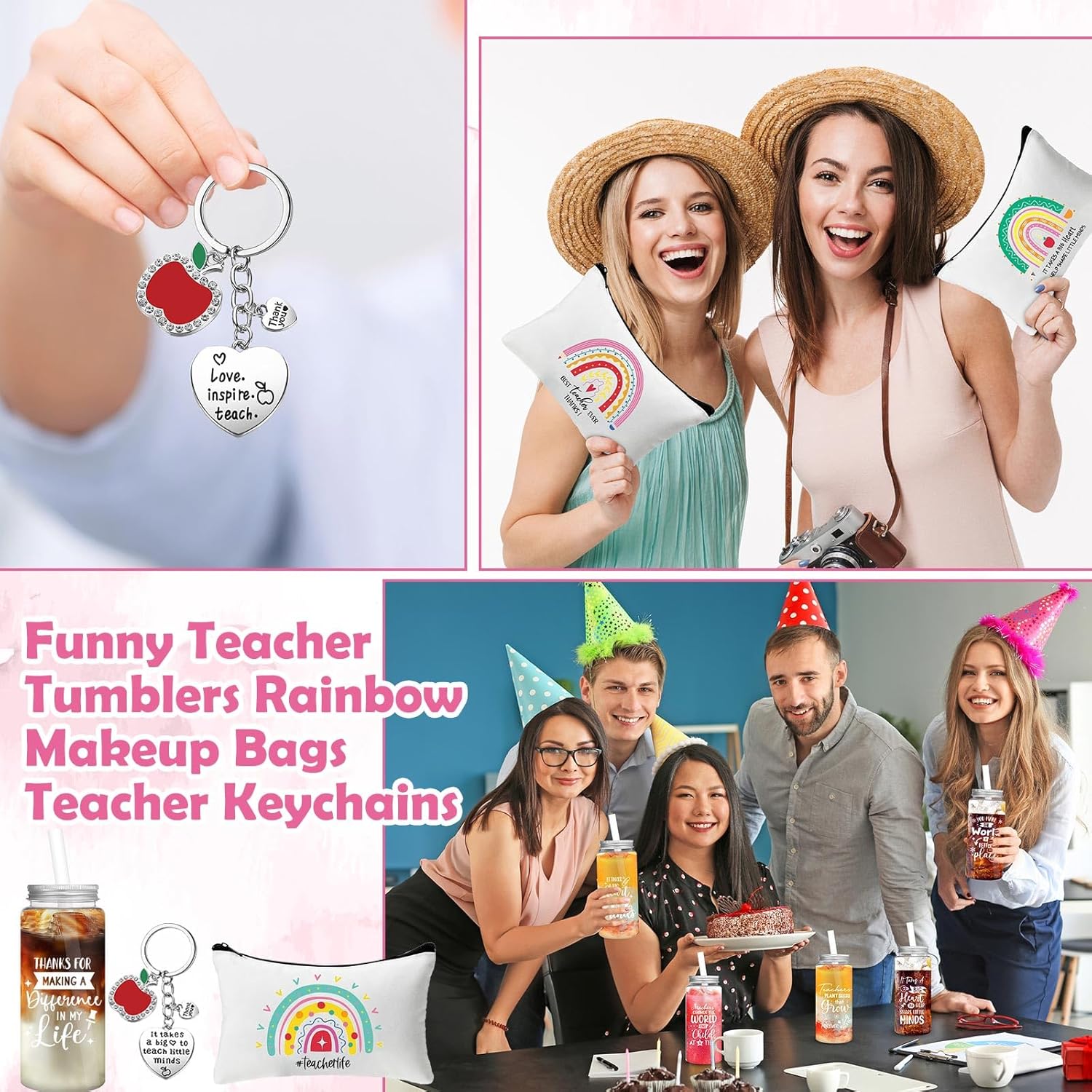 Skylety 36 Pcs Teacher Appreciation Gifts Sets Including 13.5 oz Teacher Reusable Tumbler with Lid Straw Makeup Bags Keychains, Thank You Appreciation Gift Idea for Coworker Stuff - Image 4