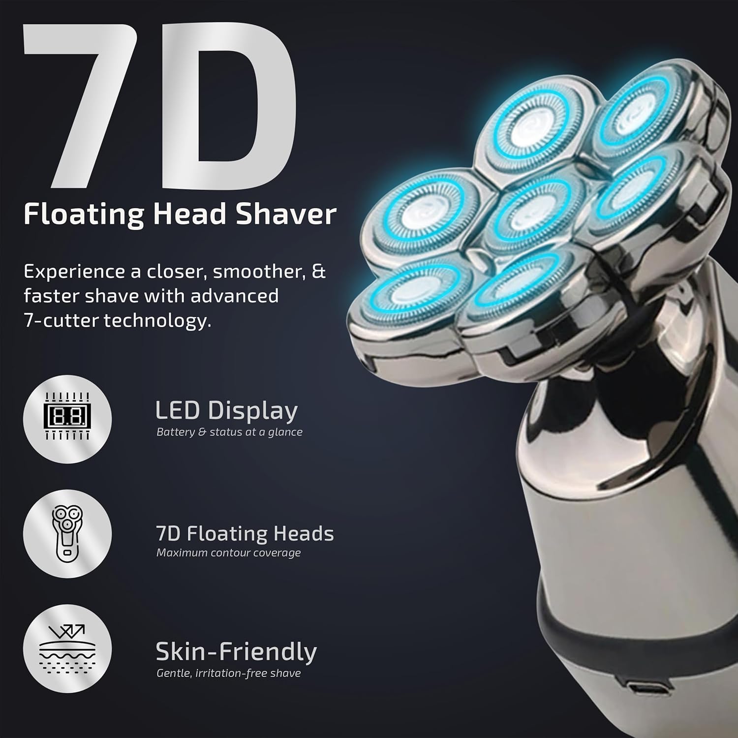 7D Head Shavers for Bald Men - Electric Detachable Bald Shavers - IPX7 Waterproof Wet Dry Razor for Blader - Rechargeable Type C Charger with Cleaning Brush