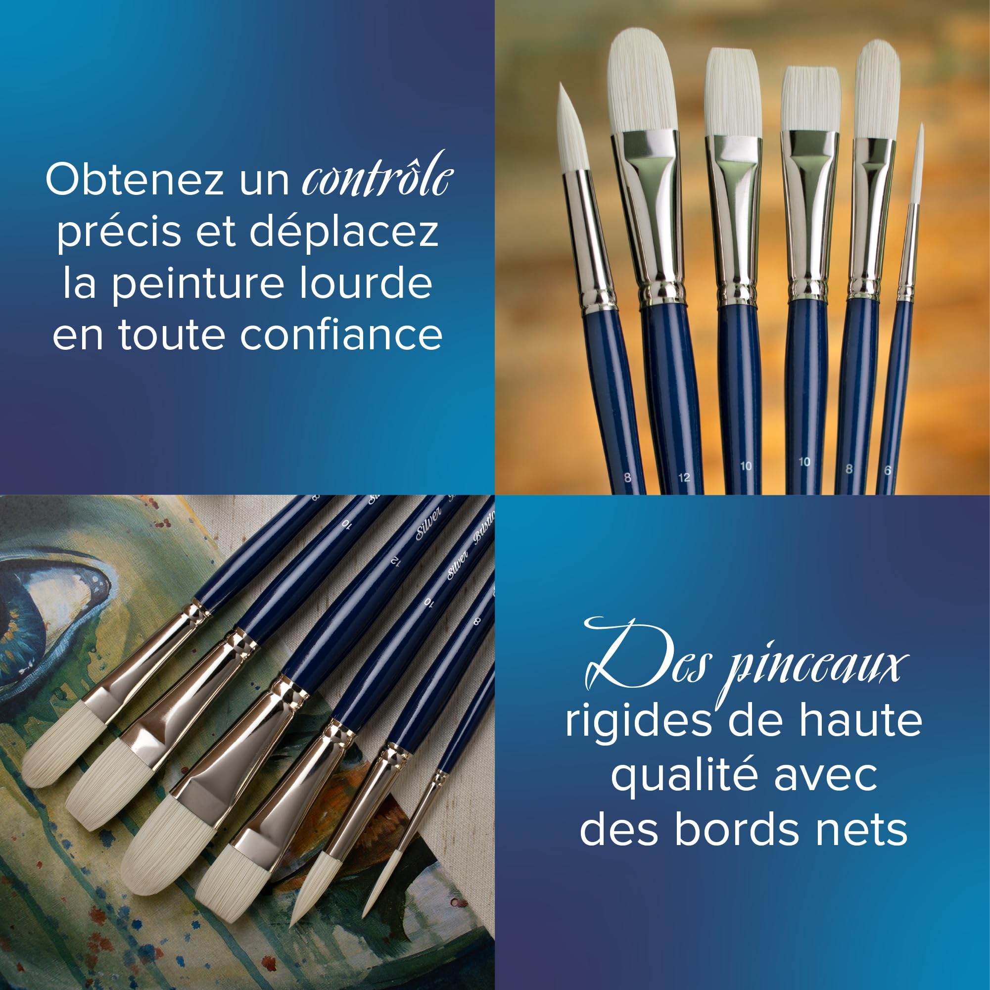 Silver Brush Limited - Assortiment de 4 pinceaux Bristlon pour la Peinture à l'huile et Acrylique - Manche Long
