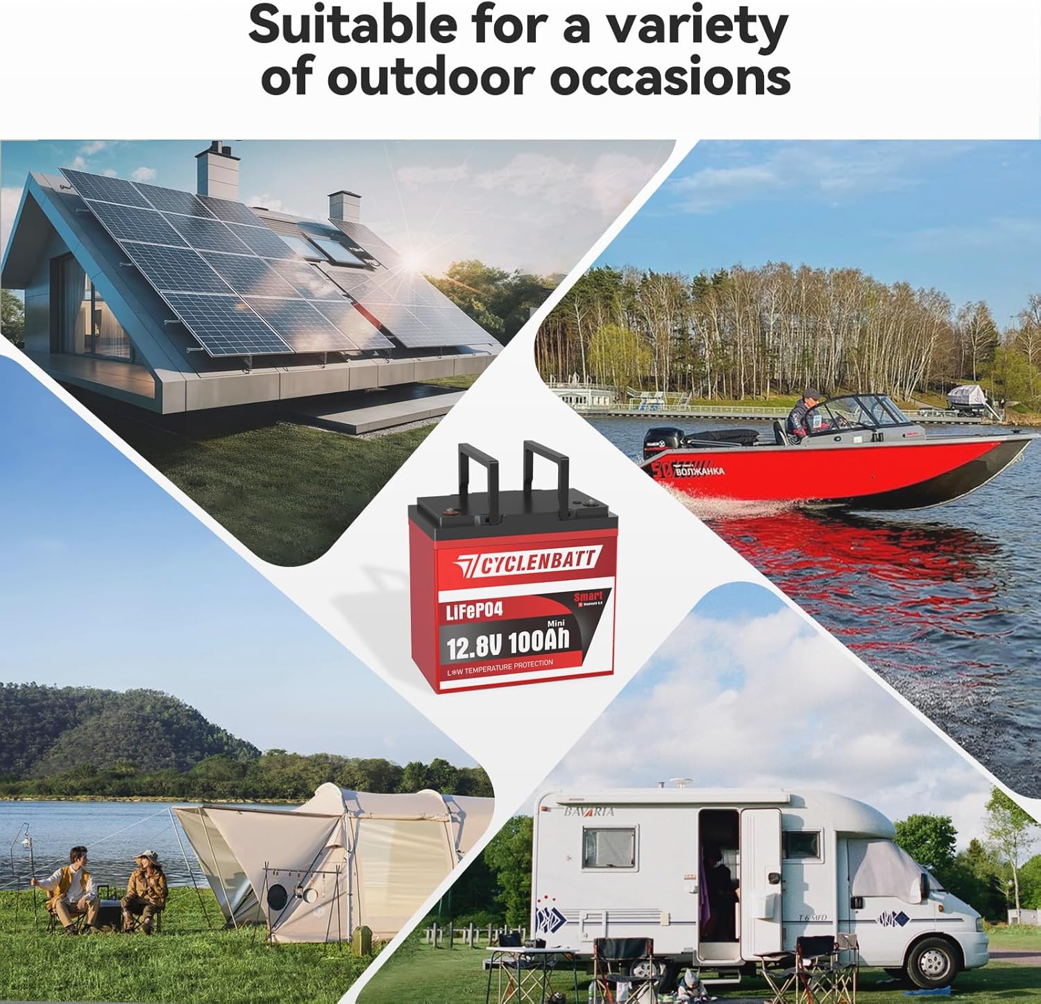 CYCLENBATT 12V 100Ah Mini Bluetooth LiFePO4 Battery, 12 Volt Lithium Battery Bulit in 100A Smart BMS with Low-Temp Protection, 100Ah Lithium Battery Great for Marine, Trolling Motor, RV, Camper, Solar