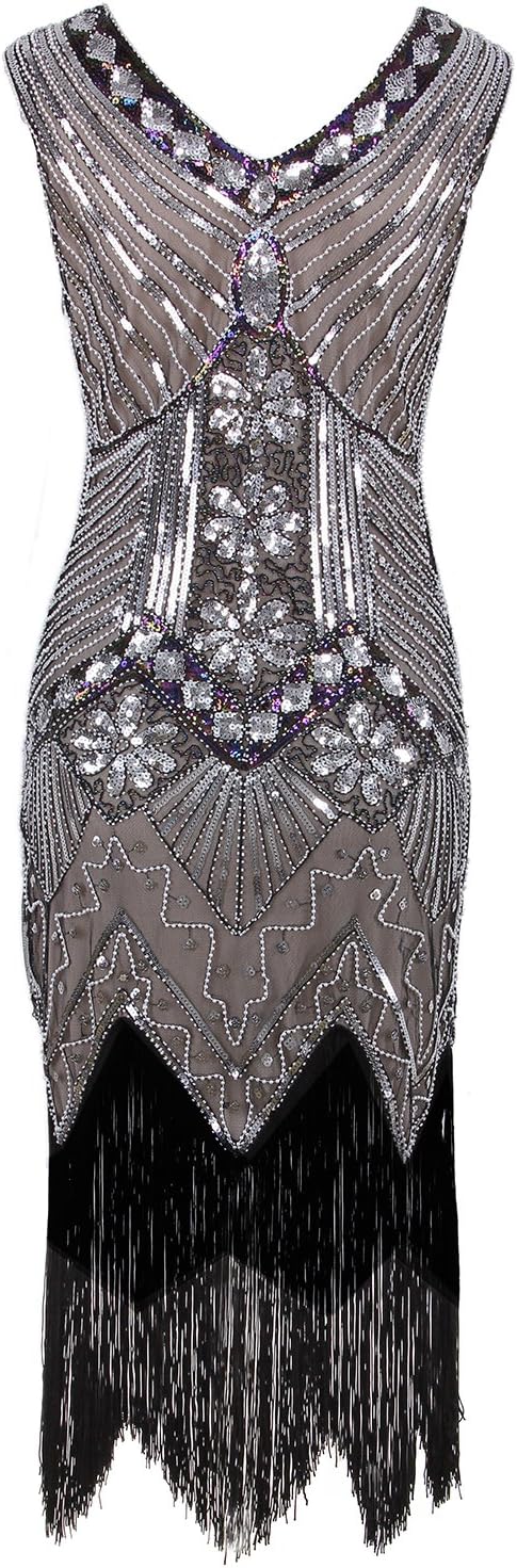 Vijiv Women 1920s Gastby Sequin Art Nouveau Embellished Fringed Flapper Dress - Image 3
