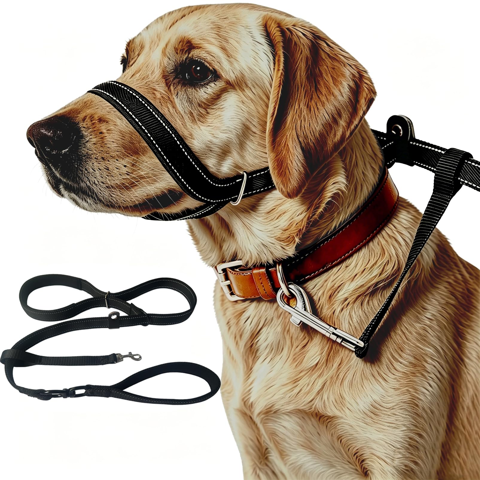 Figure of 8 Dog Lead with Anti-Tangle Flat No Pull Slip Leads Reflective with Comfy Padded Handle and Padded Nose Support Training Leash Suitable For All dog Breeds (Black, 200cm)