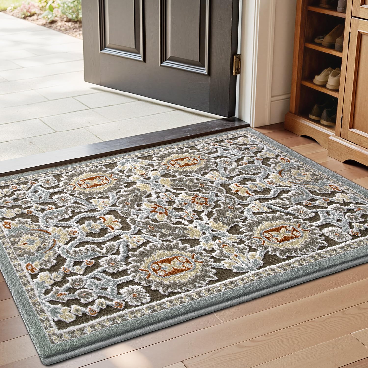 LUMI Indoor Door Mat for Entrance 20x32, Luxury Front Doormat with Non-Slip Latex Rubber Backing, Soft Washable Dirt Trapper, Flower Whipser (Rolled