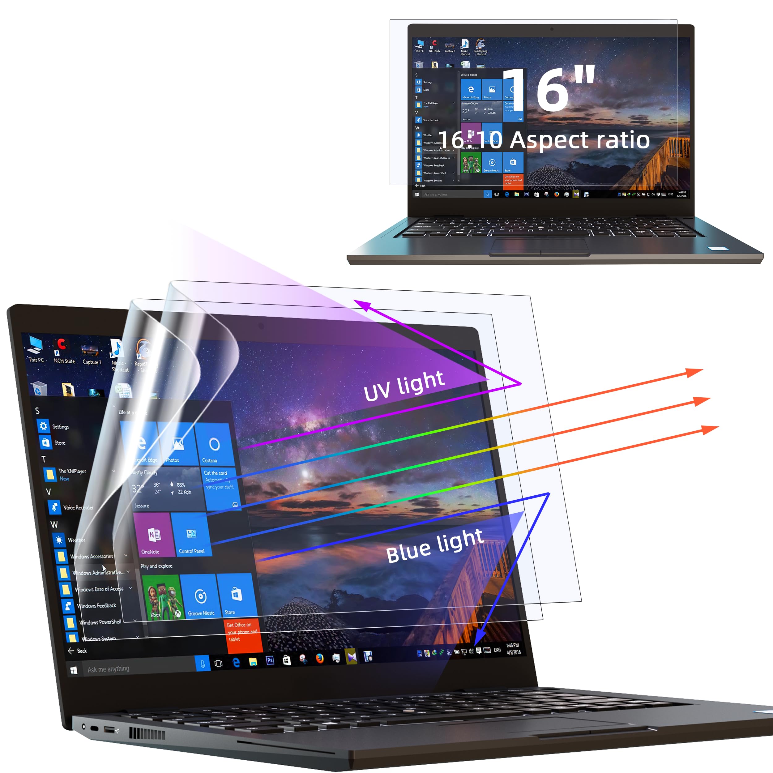 2 Pack 16 Inch Anti Blue Light Screen Protector, Anti-glare Screen Protector for Lenovo Hp Dell Acer Asus Samsung, 16 Laptop 16:10 Aspect Universal Blue Light Blocking Eye Protection Film