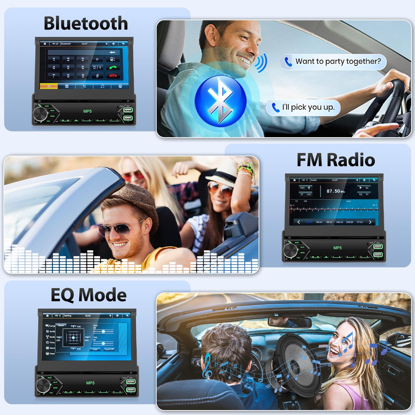 Autoradio Motorsi 7'' con Schermo 1-DIN Bluetooth, Display touch HD retrattile manuale, Singolo DIN Radio, per iPhone e Android, Mirror Link, USB/SWC/radio FM/AUX/TF, Telecamera Posteriore, Microfono