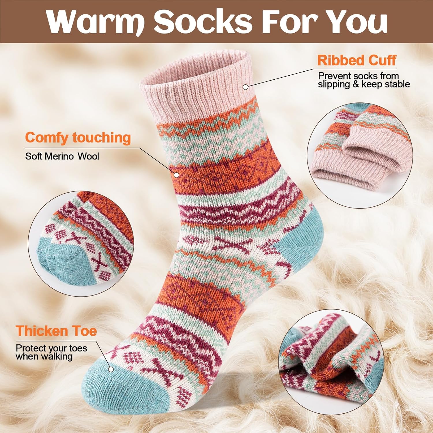 Wool Socks for Womens Warm Thermal Winter Thick Cozy Cabin Crew Knit Vintage Socks Gifts 5 Pairs - Image 2