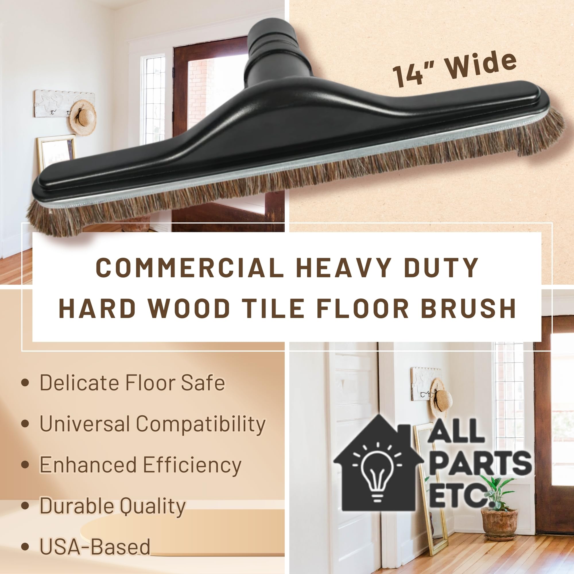 Cepillo comercial resistente para azulejos de madera dura de 14 pulgadas de ancho con parachoques para aspiradora de cerdas suaves de crin de caballo natural, sanitario, alfombra Pro,