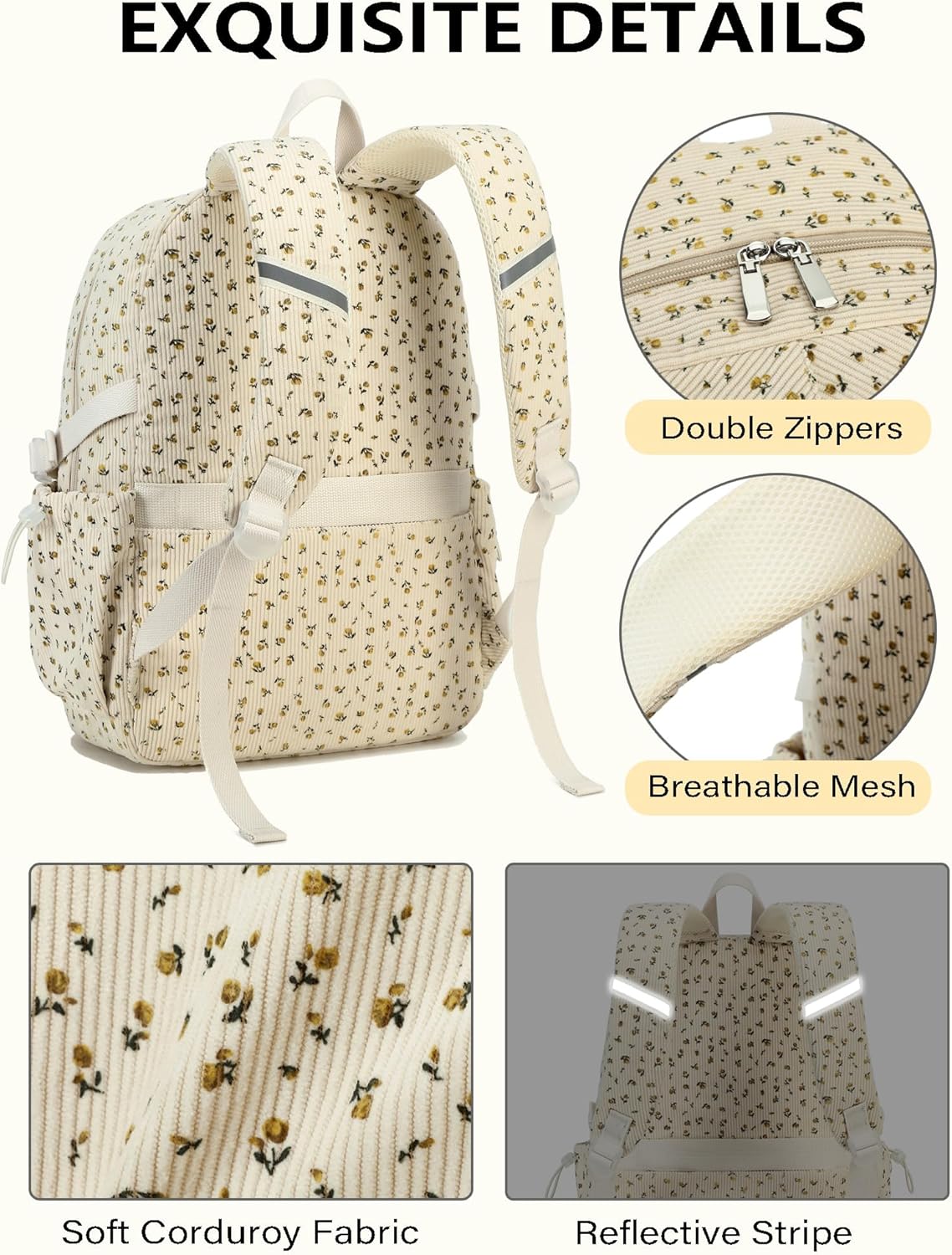 Backpack for Girls Big Student Corduroy Laptop Backpack for College Kids Elementary Middle High School Bag Anti Theft Bookbag Travel Daypack Womens(Corduroy Beige Floral) - Image 4