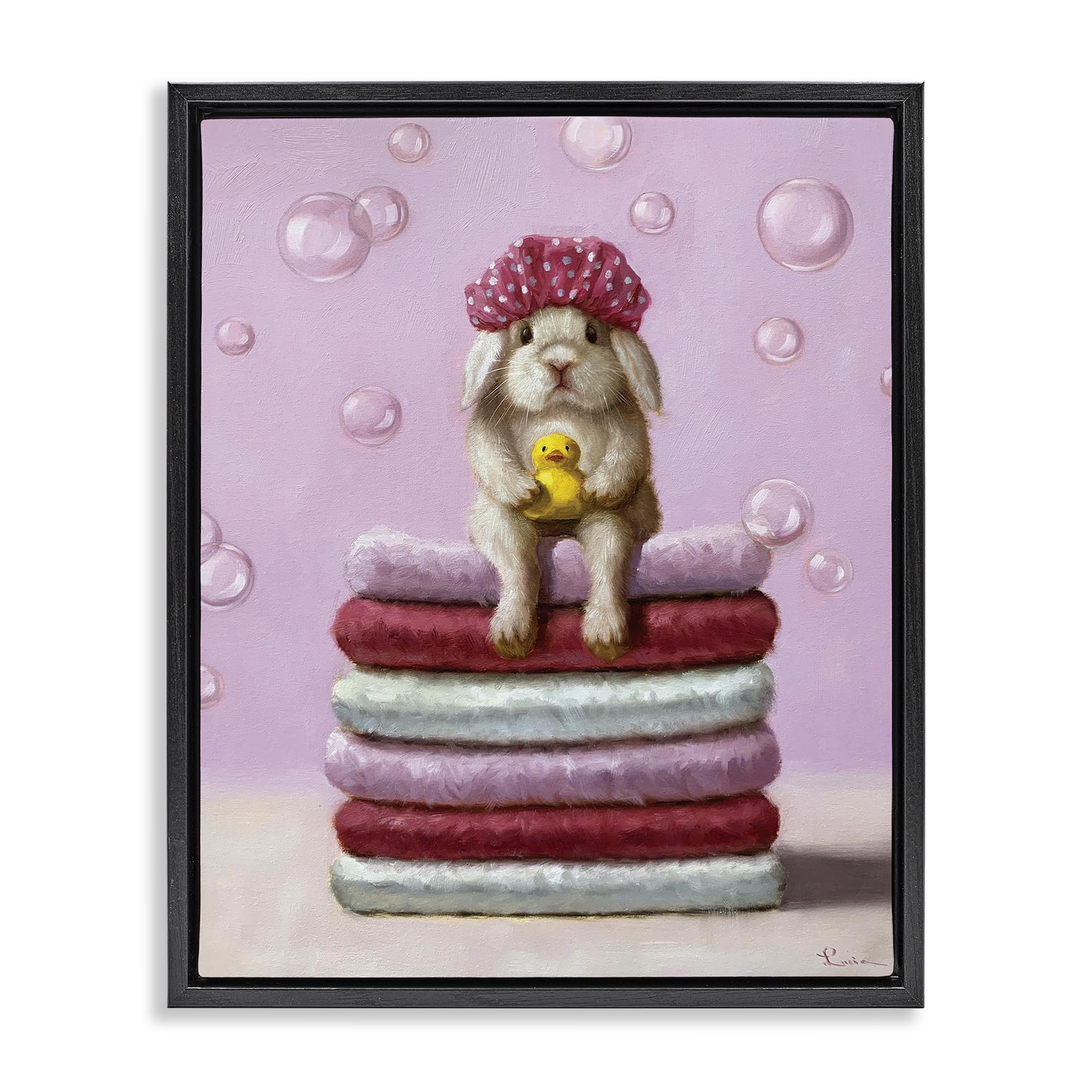 Cute Baby Rabbit Bath Time Comedy, 17 x 21 Inch Canvas in Floater Frame
