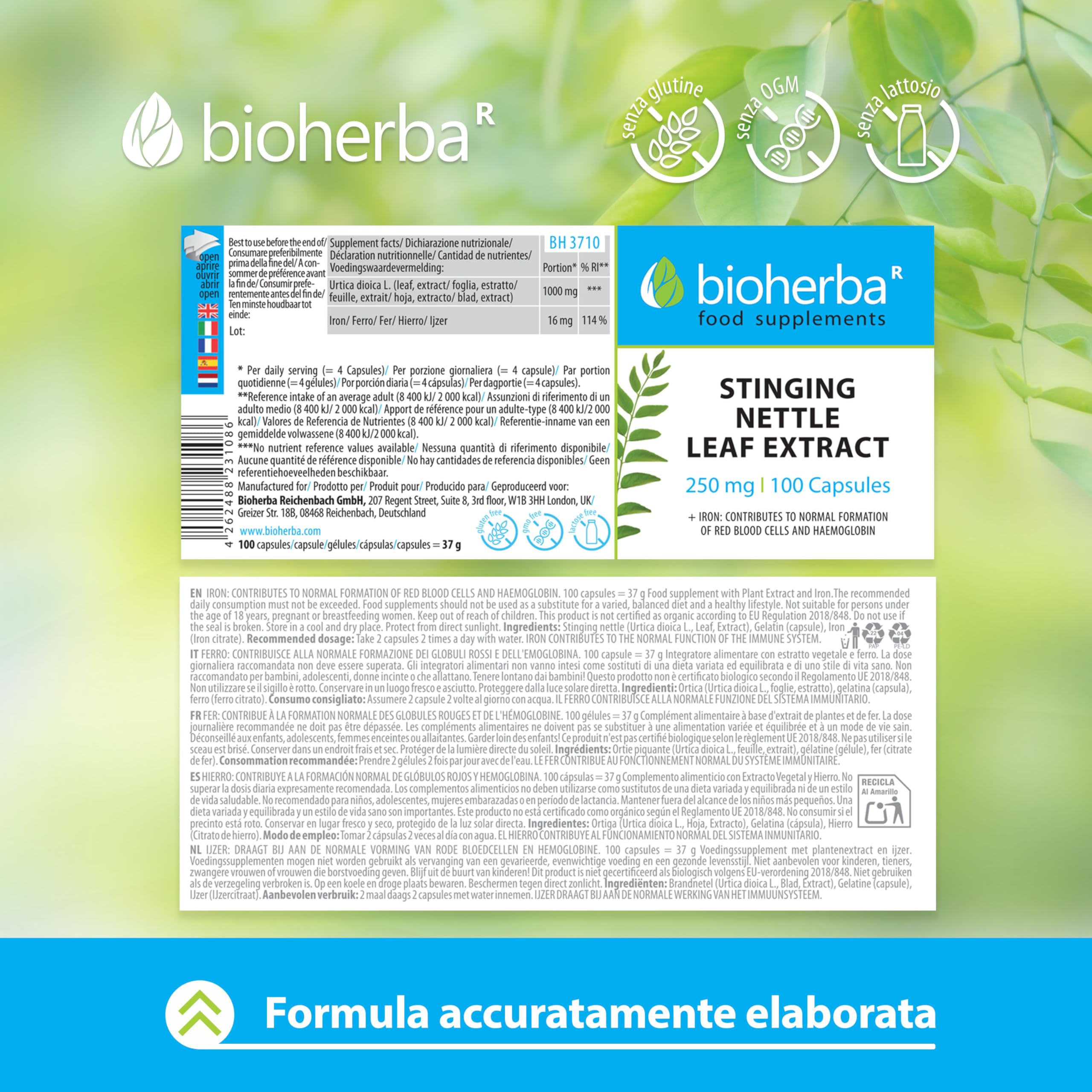Ortica Forte by BIOHERBA Integratore Naturale con Estratto di Foglie di Ortica 250 mg e Ferro 200 Capsule per Vitalità e Benessere