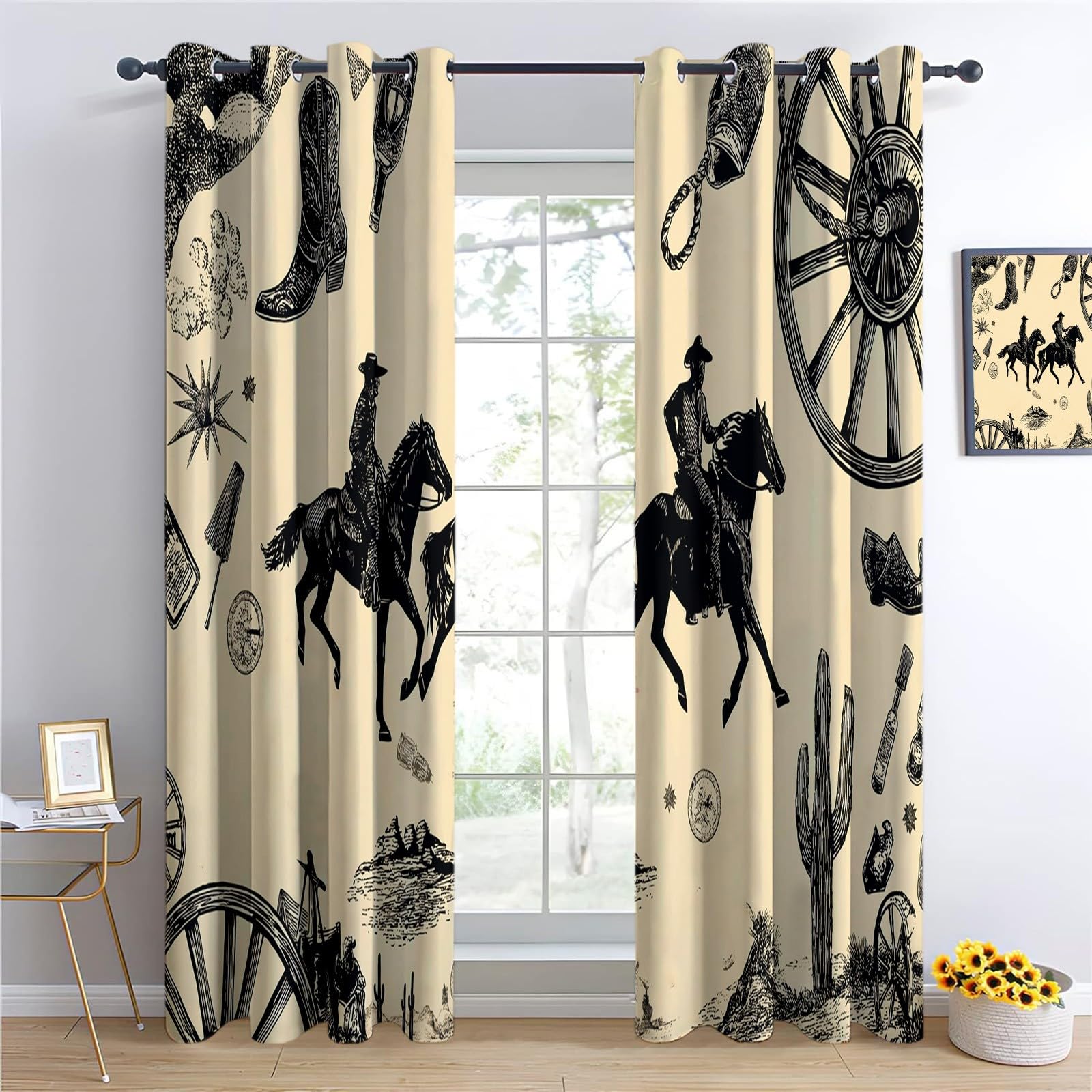 CozyRest Western Cowboy Style Window Blackout Curtains, Cream Thermal Insulated Blackout Curtains, Grommet Window Drapes Treatment 2 Panels Sets for Bedroom Living Room Decor, 46 x 54 inch