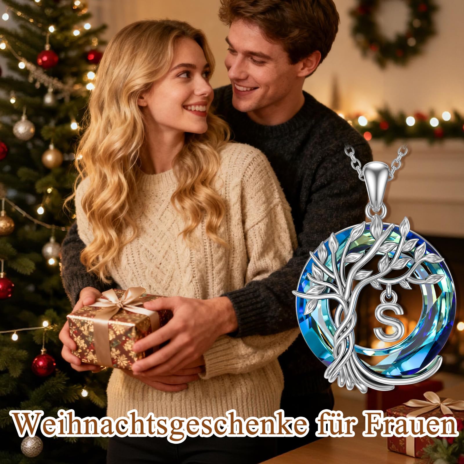 TOUPOP Lebensbaum buchstaben Kette 925 Sterling silber Baum des Lebens Anfangsbuchstaben Anhänger Blau Kristall Kreis Schmuck Geburtstag Geschenk für Damen Mama Ehefrau Freundin Sie