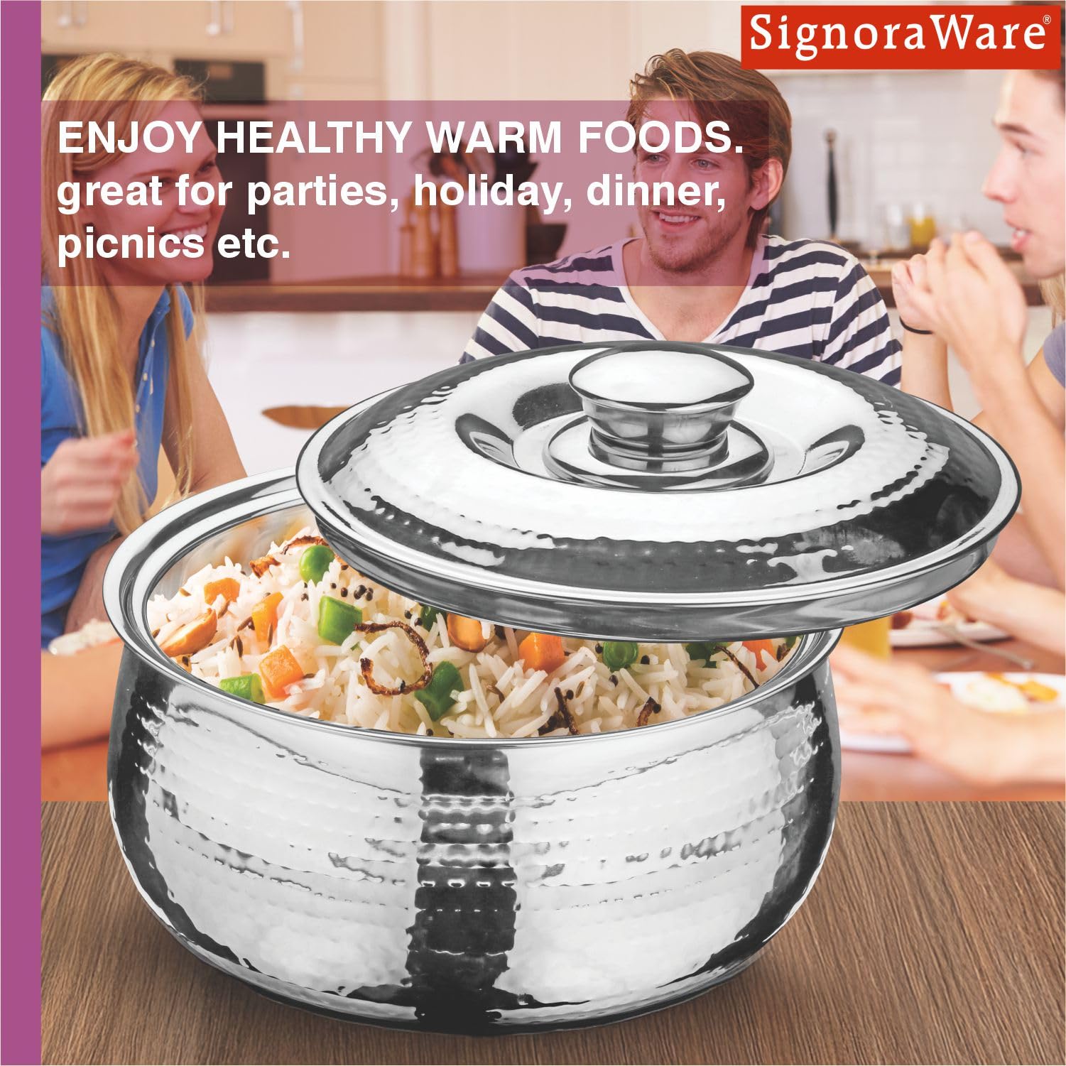 Signoraware Hot Delight Hammered Stainless Steel Casserole | Airtight Lid | Retain Freshness | Great For Travelling or Small Gatherings | Perfect For Hot Curry, Chapatti & Rice (2.1 Ltr | Steel) 4