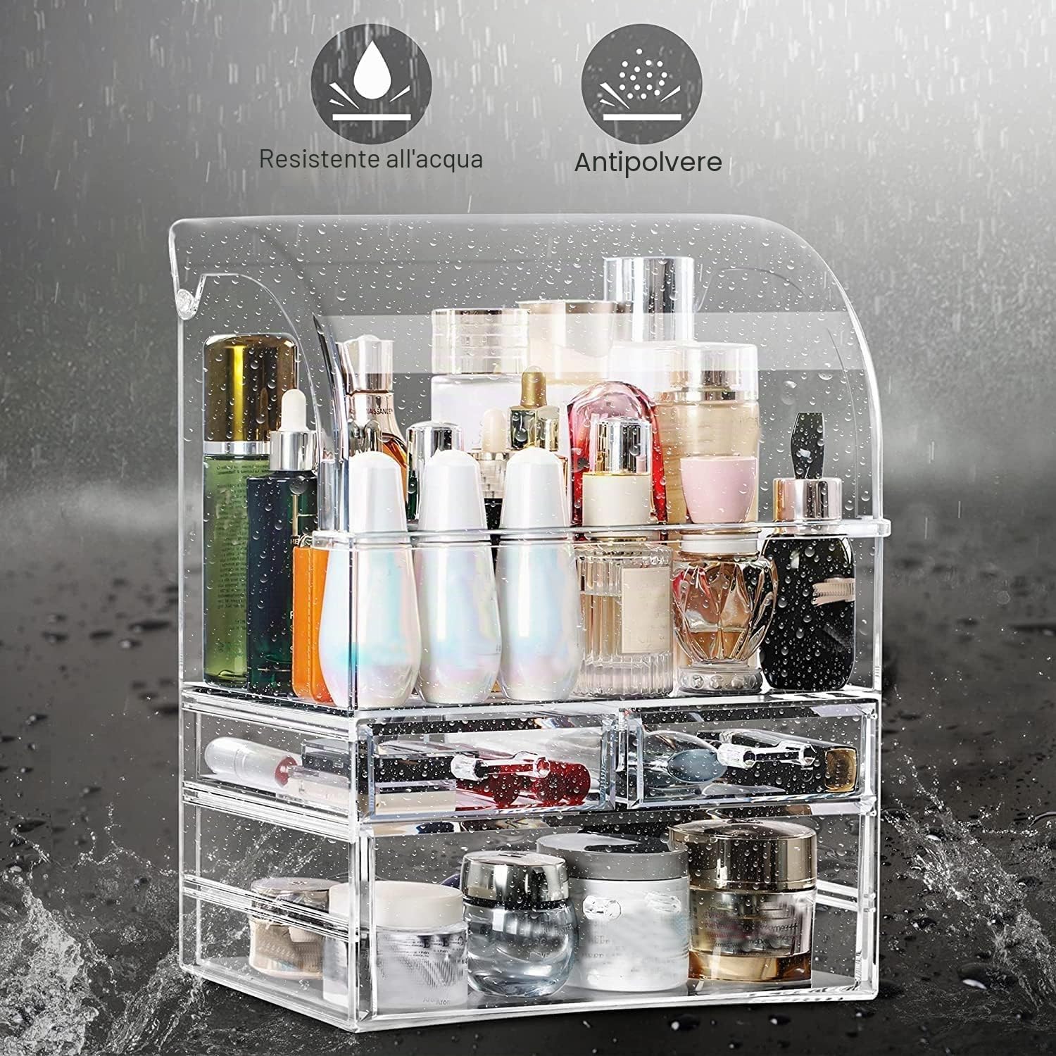 Organizer per trucchi, in acrilico, XL, per profumi, prodotti per la cura della pelle, con cassetti, impermeabile, grande scatola organizer antipolvere per bancone, cassettiera e bagno