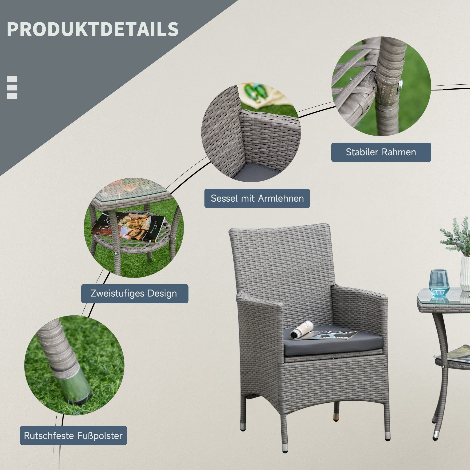 Outsunny Polyrattan Gartenmöbel Set Balkonmöbel für 2 Personen Grau