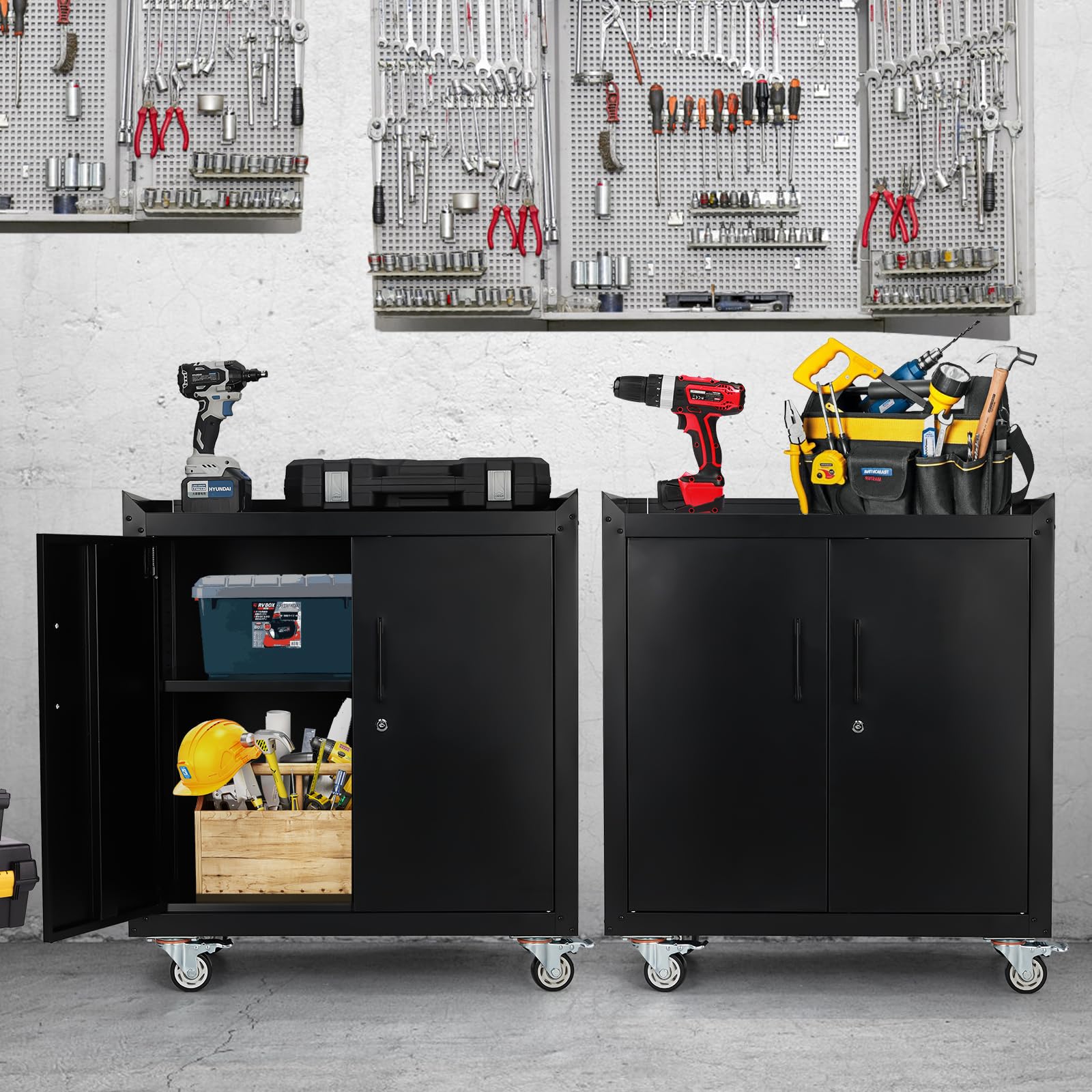 Armadietto per attrezzi in metallo resistente su ruote, armadietto per garage con porte di bloccaggio, ripiani regolabili, organizer mobile per garage, ufficio, officina, 76,2 cm H x 76,2 cm