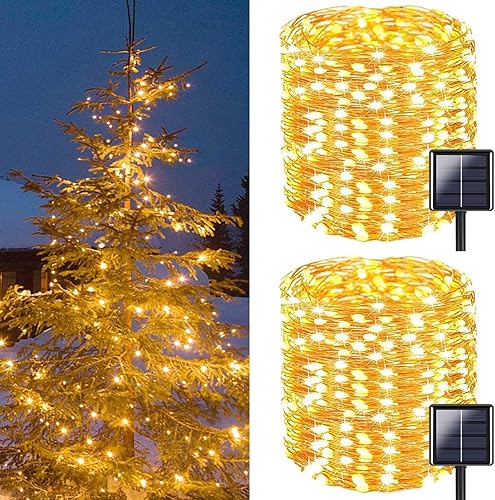 Paquete de 2 tiras de luces solares superlargas de 72 pies 200 luces LED solares extra brillantes para exteriores con 8 modos de iluminación luces