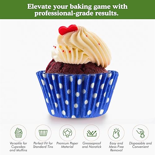 Vista 2 de Regency Wraps Vasos para hornear de grado profesional a prueba de grasa, paquete de 40 unidades, revestimientos estándar, lunares azul cobalto