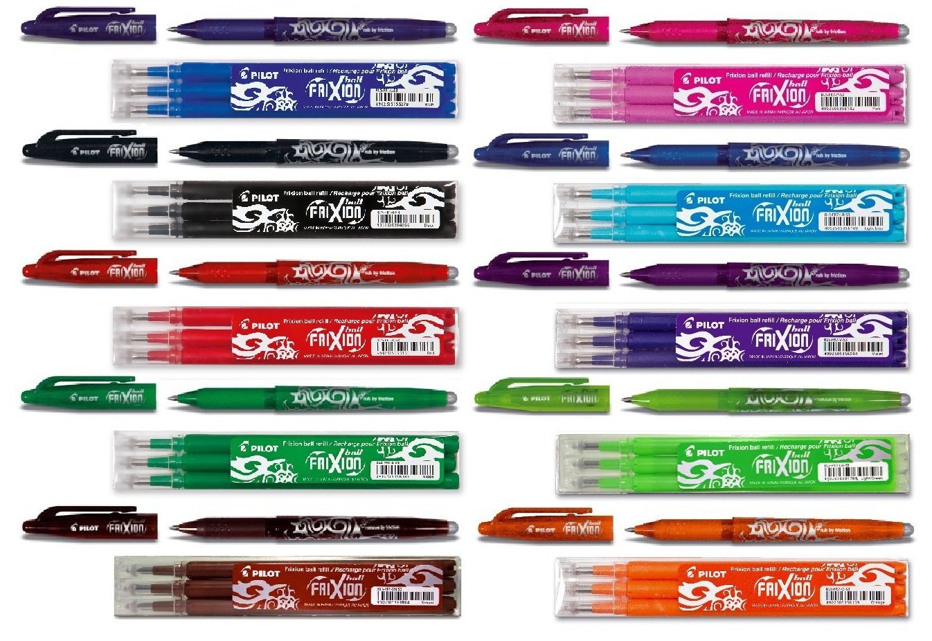 Pilot Frixion BL-FR7 Tintenrollerset, radierbar, 0,7-mm-Spitze, 10 Farben, 10 Stifte Kappenmodel