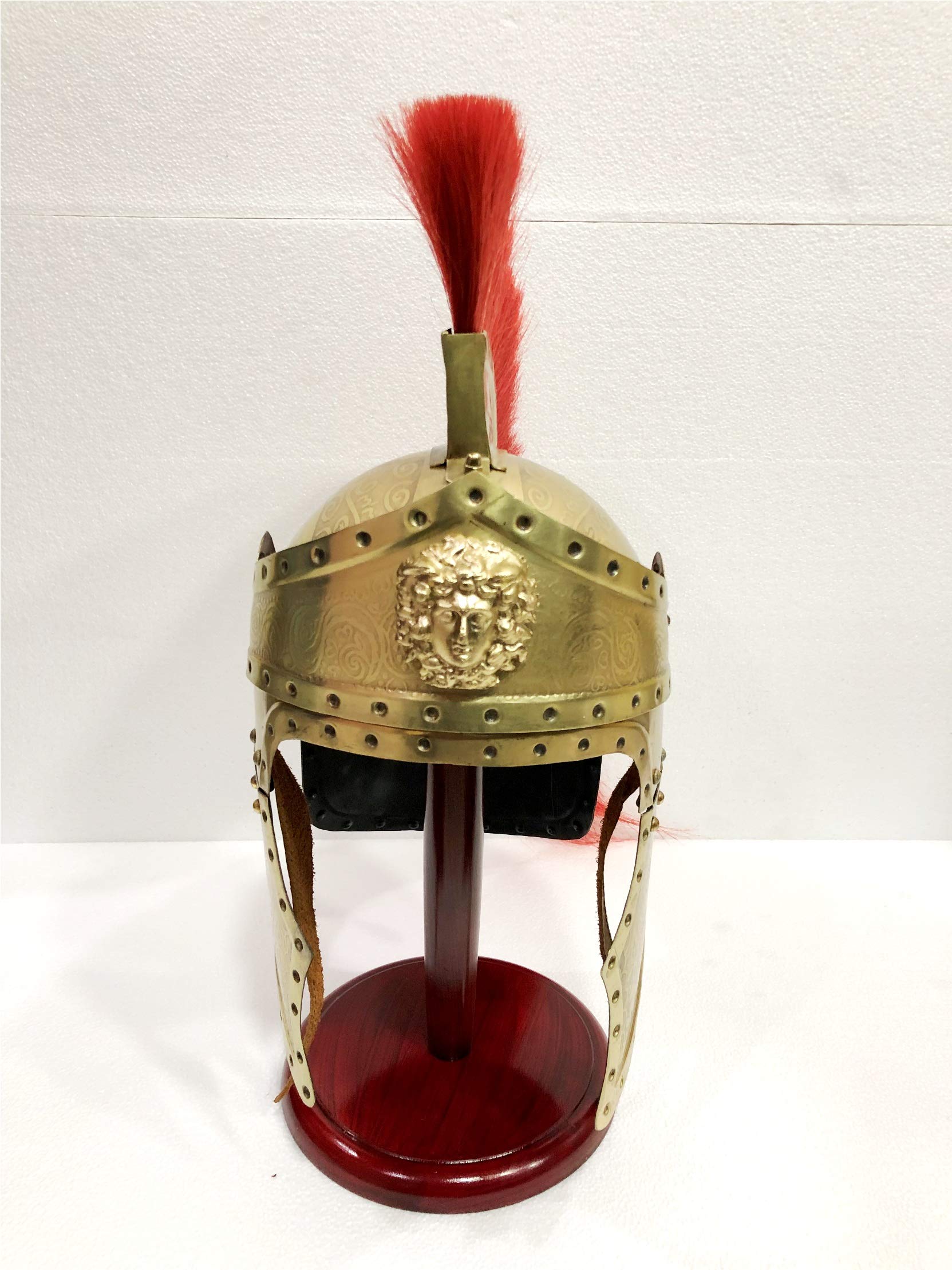 Antique Casque médiéval romain Centurion vintage armure rouge crête plume spartiates avec support en bois
