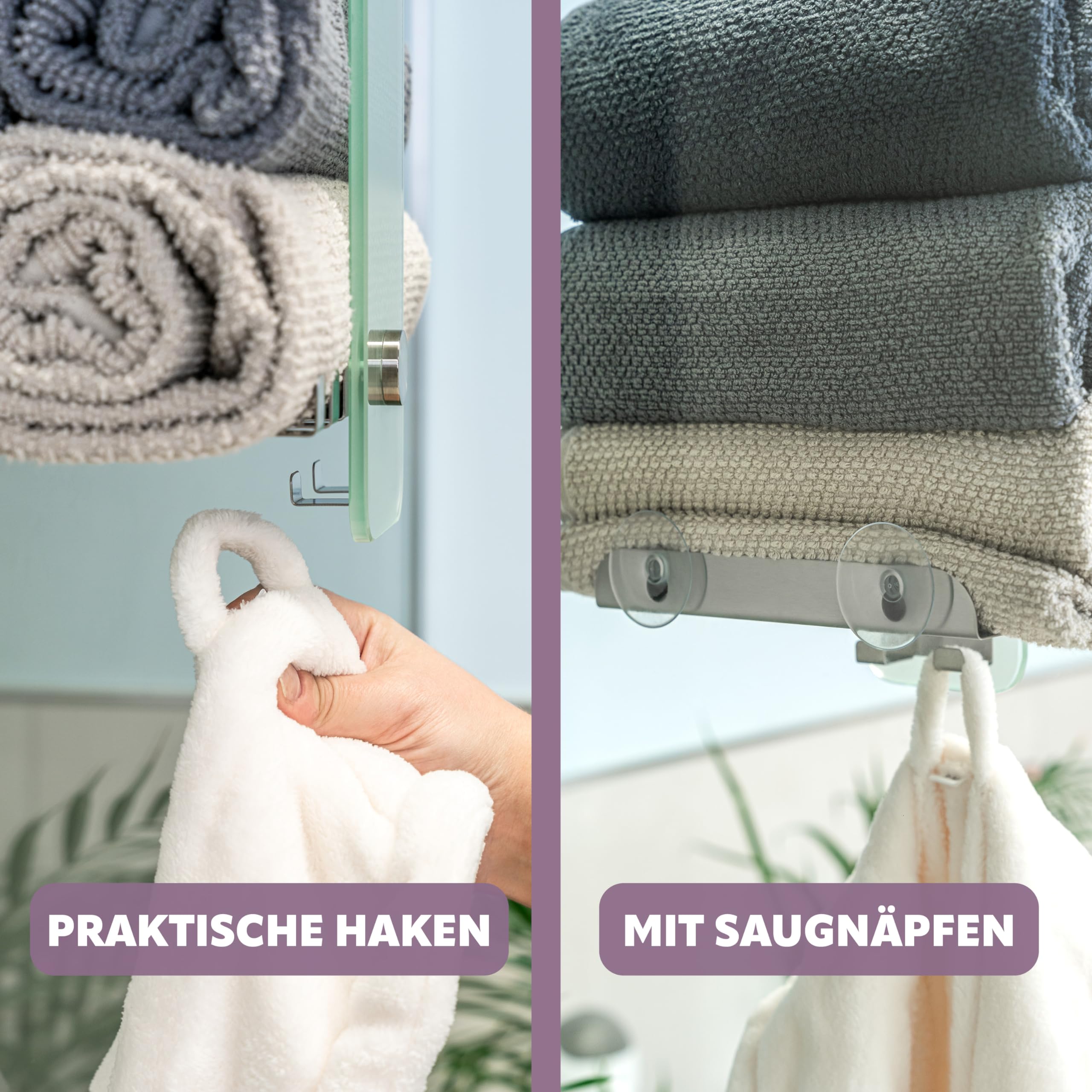 bremermann Bad-Serie Piazza - Glashandtuchhalter 2in1, zur Wandmontage oder Anbringung an der Glasduschwand, 6 zusätzliche Haken, passend für Handtücher und Gästetücher, aus Glas und Edelstahl, matt