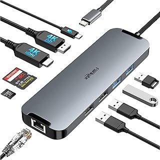 USB C Hub for Dual Monitor, 10-in-1 Docking Station USB-C to USB Adapter Compatible for MacBook Accessories, Type C Hub to HDMI DP 4K@60Hz with Ethernet 100W PD and USB3.0 Work for TypeC Device