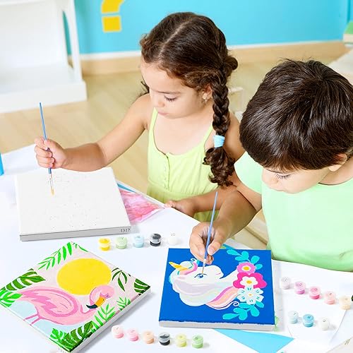 Miniatura 6 de WATINC Paquete de 4 pinturas de dibujos animados por números con marco de madera, kit de pintura de animales por números para principiantes, pintura