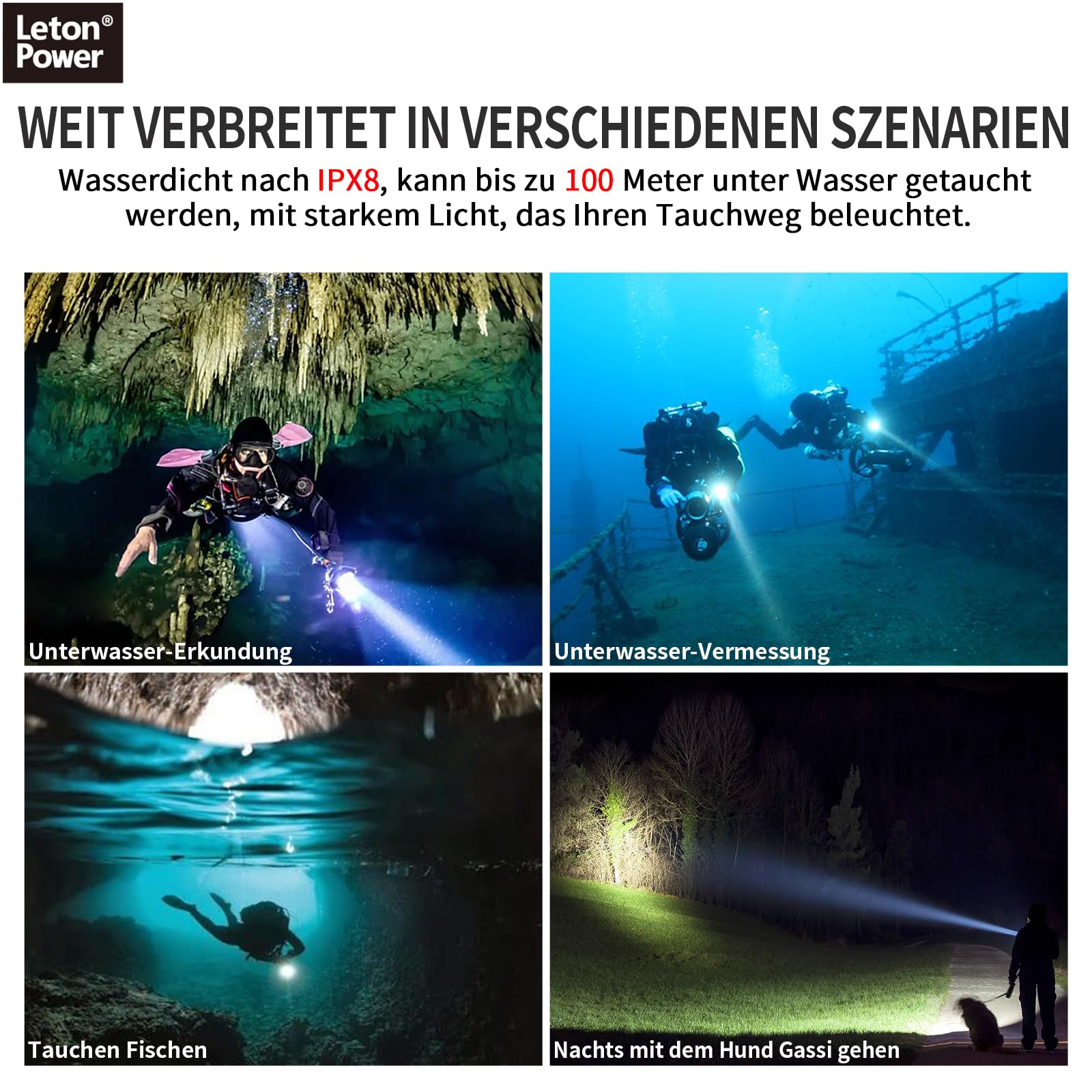 14S Unterwasser Taucherlampe 2000 Lumen – 6 Modi, superhell, USB-C wiederaufladbar, IP68 wasserdicht bis 100m für Nachttauchen, Schnorcheln & Gerätetauchen