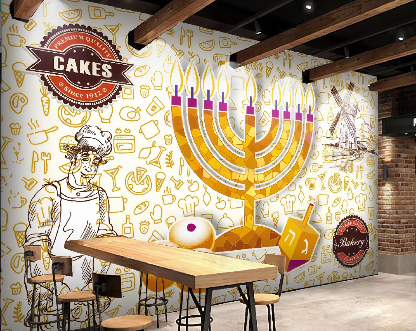 XDOUBAO Wallpaper Hand-Painted Delicious Handmade Bread Western Pastry Candle Cake Room Shopping Mall Afternoon Tea Western Restaurant Background Wall Wallpaper Coffee Shop Mural,3D,350x245cm