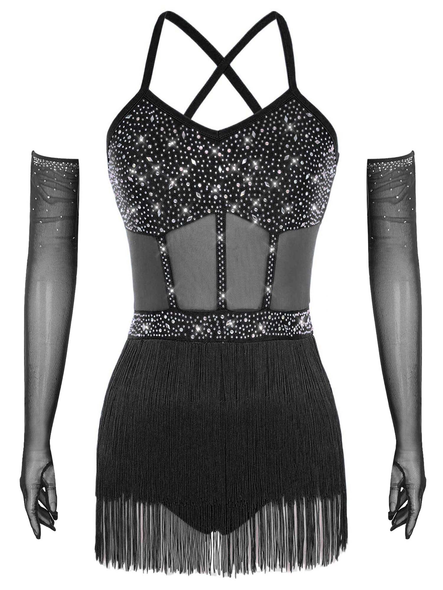 Traje de Danza Latina Salsa para Mujer con Flecos Maillot Patinaje Artístico con Guantes de Malla de Pedrerías Brillantes Traje Baile de Salón Tango Chachá S-XXL