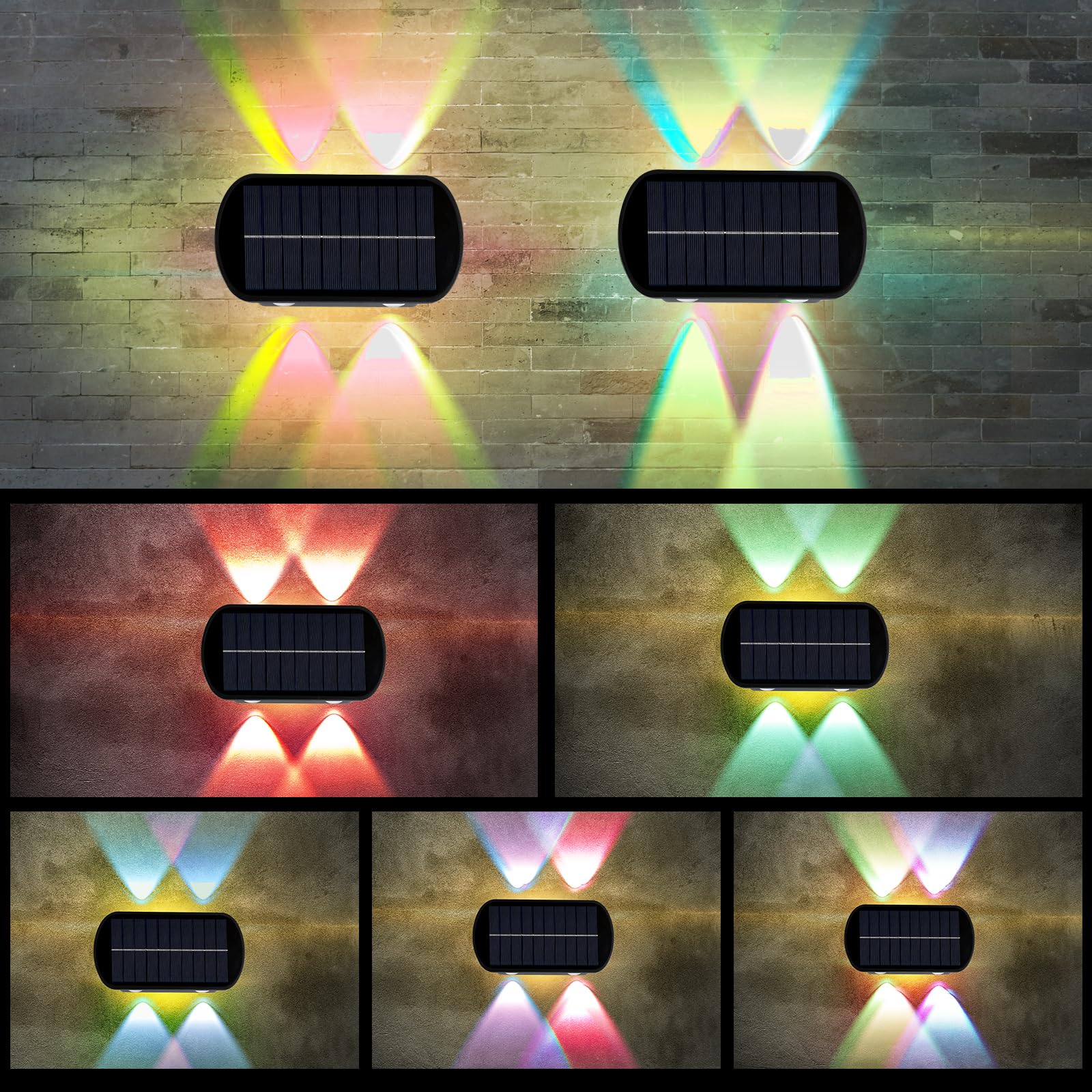 HUA QIANG WANGRGB Solar Wall Lights Up and Down, 4 Led Solar Sconce, Waterproof Deck Fence Lighting for House Outdoor Garden Decor (Multi-Color)
