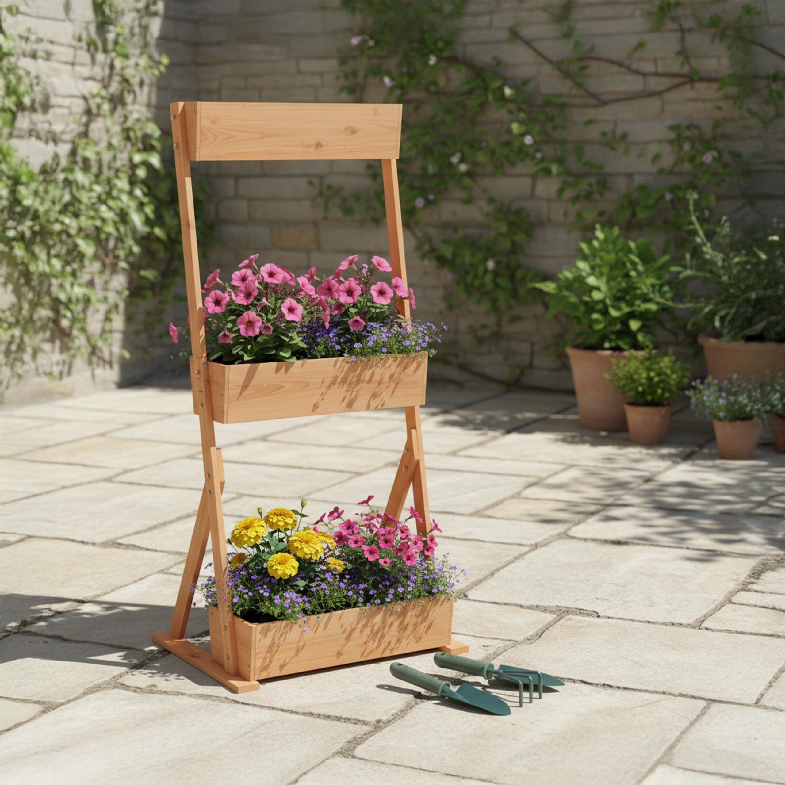 Relaxdays Potager Vertical en Bois avec 3 bacs surélevés, géotextile, Accessoires, 140x60x50 cm, Naturel