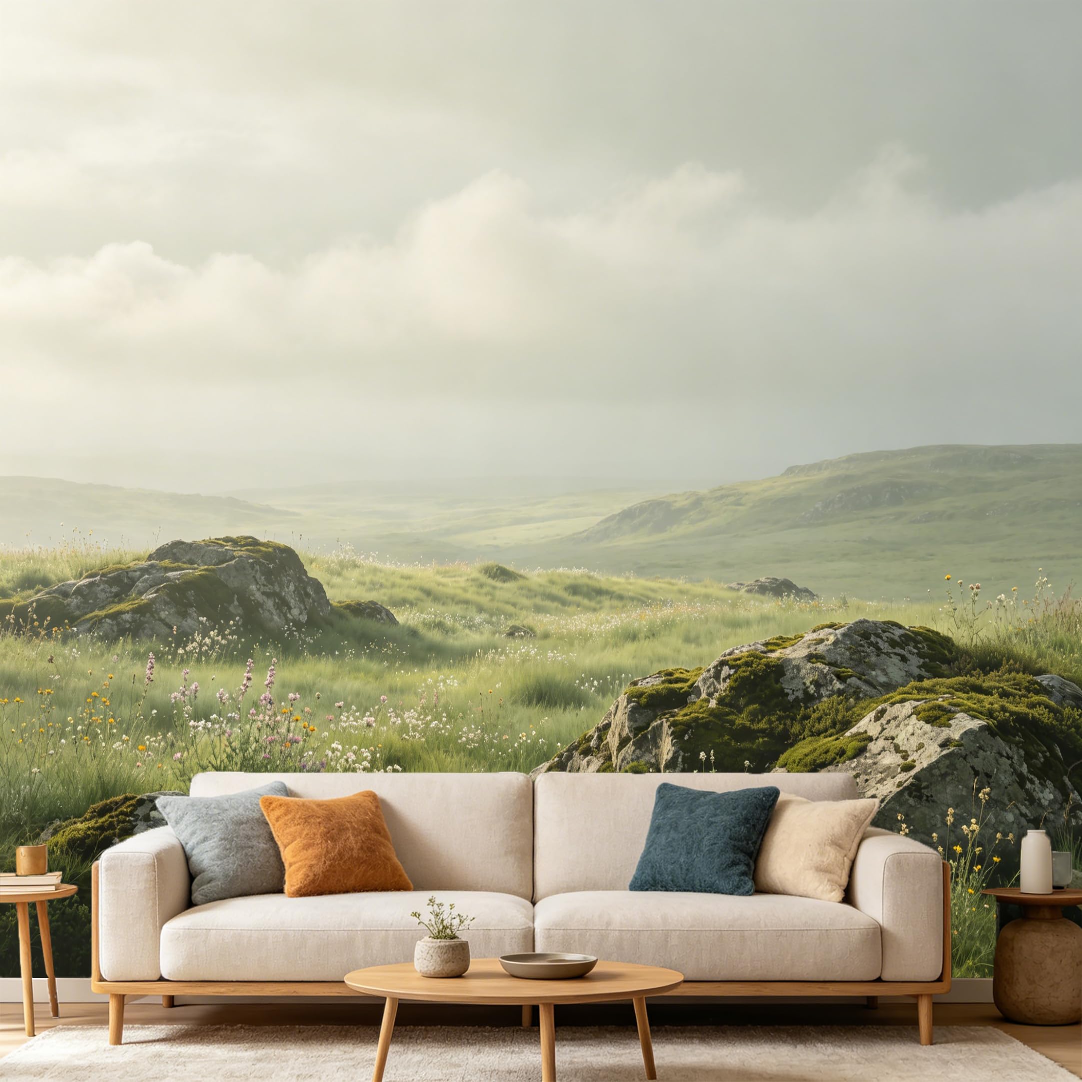Custom Size Wall Mural， Misty Highland Landscape Mossy Stone Meadow Wildflower， SelfAdhesive Art Prints wall Fabric Removable Large Wallpaper Home Living Room Decor