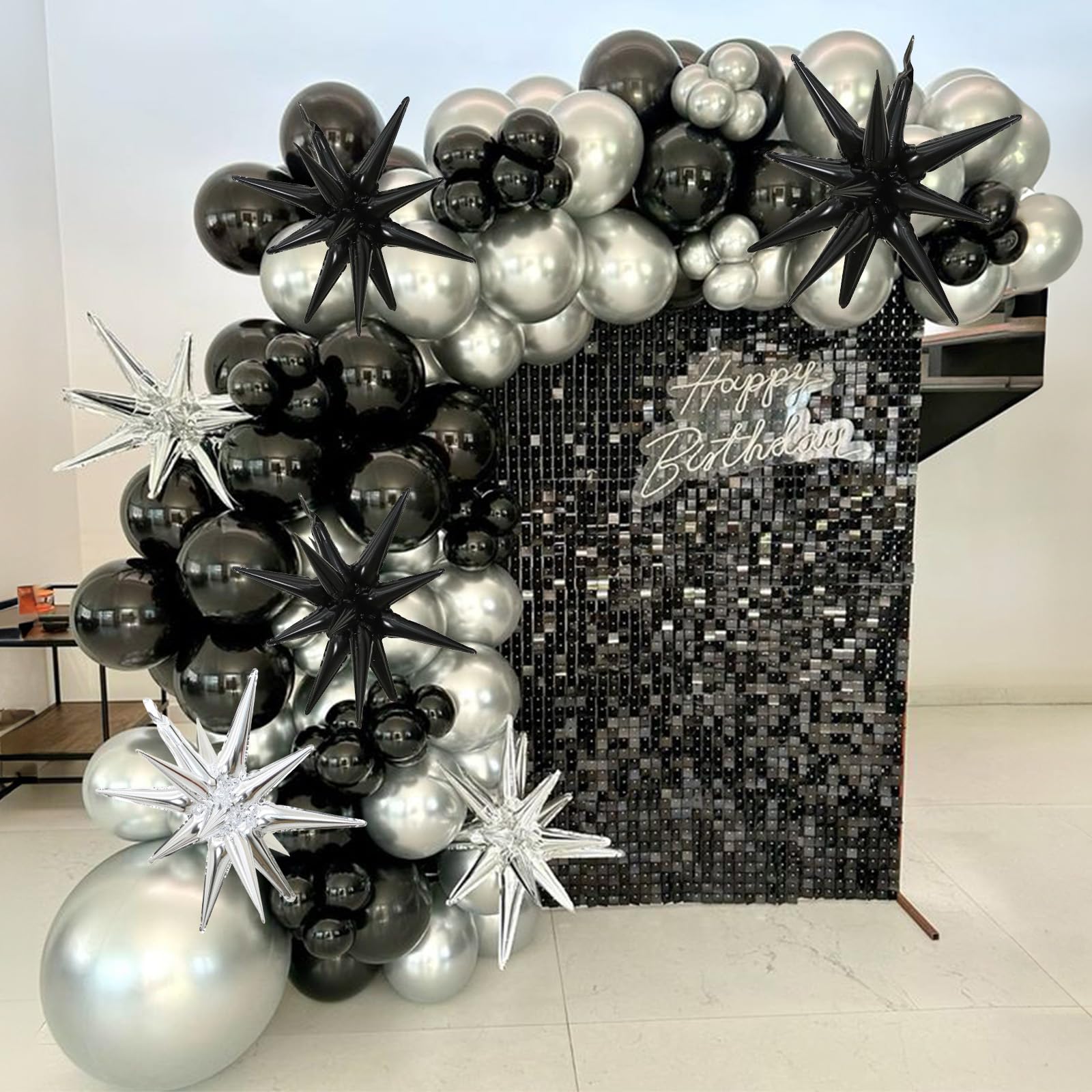 HILAVO Stern Ballons Schwarz Silber, 6 Stück 22 Zoll Groß HILAVO Stern Folienballons Foil Explodieren Stern Luftballons für Hochzeit Geburtstag Graduierung Silvester Party Deko