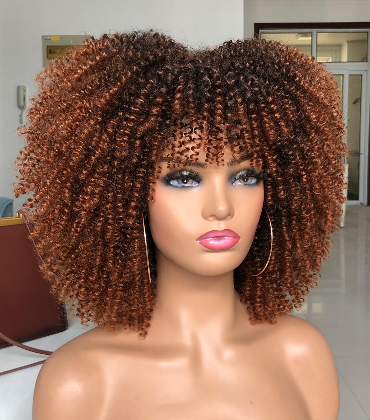 ISAMY 14inch Afro Bomb Curly Wigs for Black Women Short Afro Kinky Curly Wig with Bangs Full Curly Wig (Ombre Brown) - Image 3