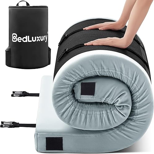 BedLuxury Colchón de espuma viscoelástica de 3 pulgadas, portátil, enrollable, para viaje, campamento, colchoneta para dormir y colchón de suelo,