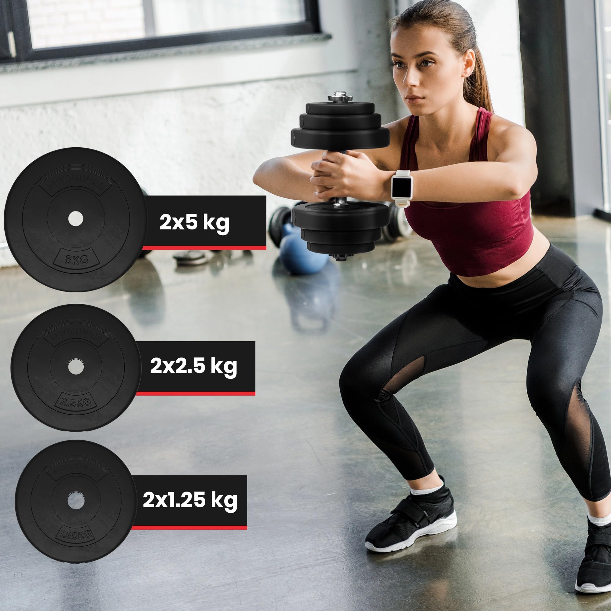 Physionics® Zestaw Krótkich Hantli – 20, 30, 40 Kg, Uchwyt Radełkowany, Ø 25 Mm, Z Tworzywa Sztucznego i Stali, Zaciski Gwiazdowe – Sztangi, Hantle Krótkie, Zestaw Hantli (20 Kg (Drążek Stalowy))