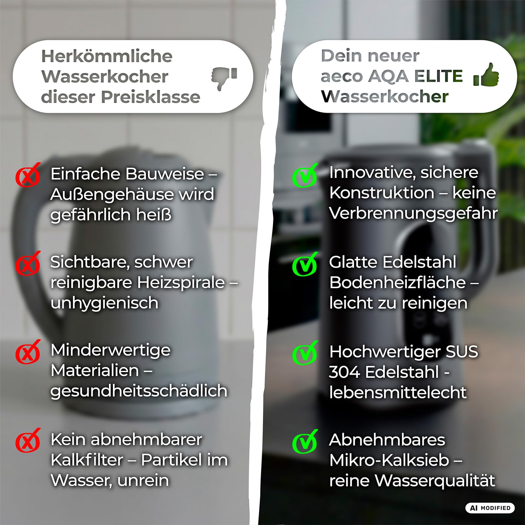 aeco AQA ELITE elektrischer Wasserkocher Edelstahl schwarz-matt mit Temperatureinstellung Tee-Kocher Teebereiter electric kettle tea-maker | 1,5 Liter, 2200 Watt, BPA-frei, Kalk-Filter, Cool-Touch