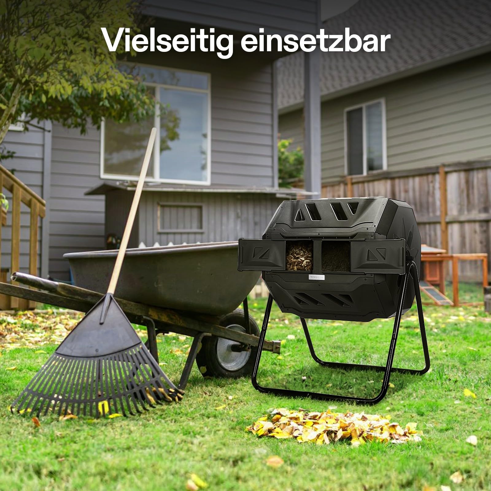 VIVOSUN Trommelkomposter 163L, Drehbarer Schnellkomposter mit 2 Kammern, Robuster Kunststoff Gartenkomposter mit Lüftungsöffnungen & Wasserdichten Gartenhandschuhen für Gartenabfälle