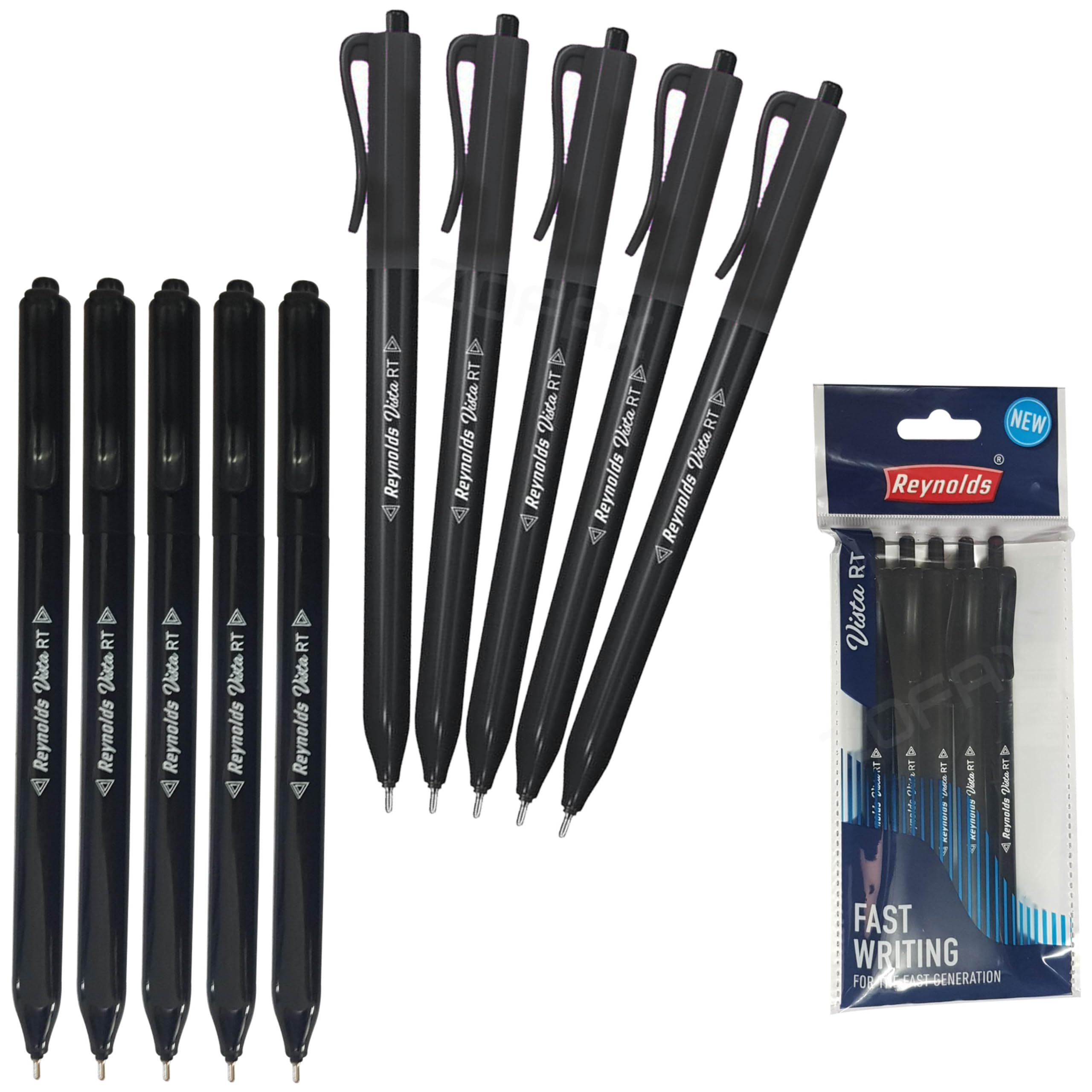 Vista RT Retractable Ballpoint Pens, BLACK, Fine Point (0.7mm), Pack of 10, Comfortable Triangular Grip, Ideal for School Office Home Use, iZOFAX Black Ball Pen