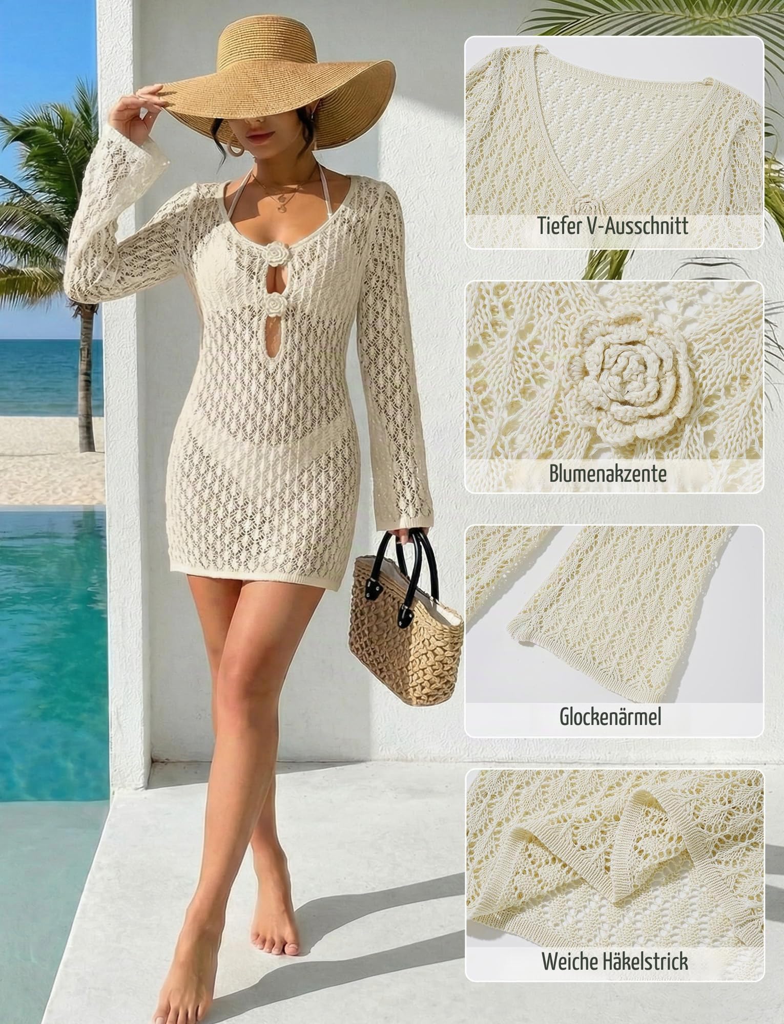FEOYA Damen Gestrickte Strandkleid Bikini Cover Up Häkel Strandponcho Crochet Mini Dress Pareos Beachwear Strandurlaub Kleid