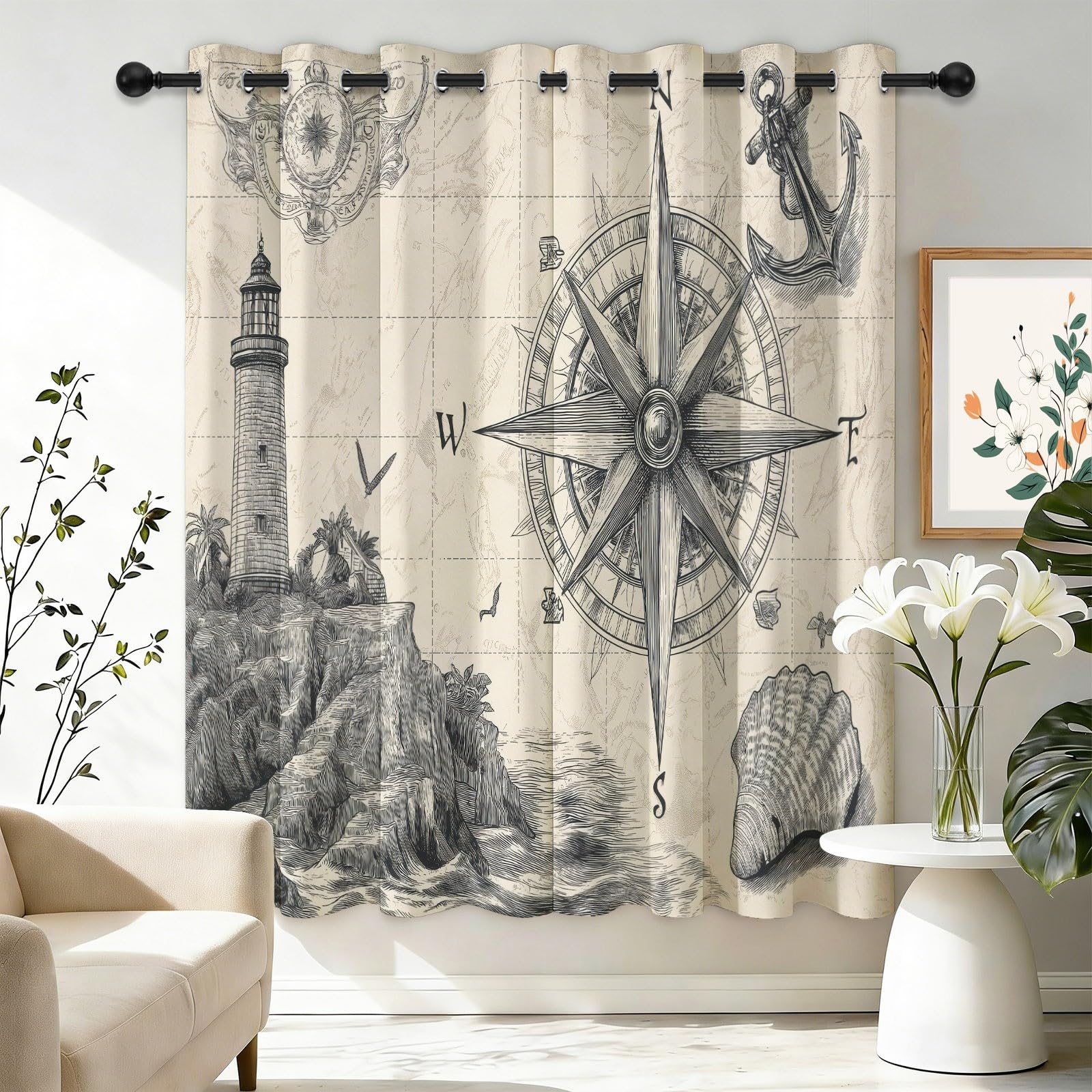 Vintage Nautical Map & Compass 100% Blackout Drapes W 66" x L 90" (2 Panels), Noise Reducing Heavy Thermal Fabric for Study, Boys Bedroom, Minimalist Monochrome & Grey