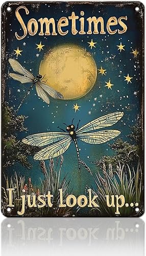 PEACHGARDEN Letrero de metal vintage con libélulas y luna para decoración de pared para oficina, sala de estar, bar, cafetería, 8 x 12 pulgadas