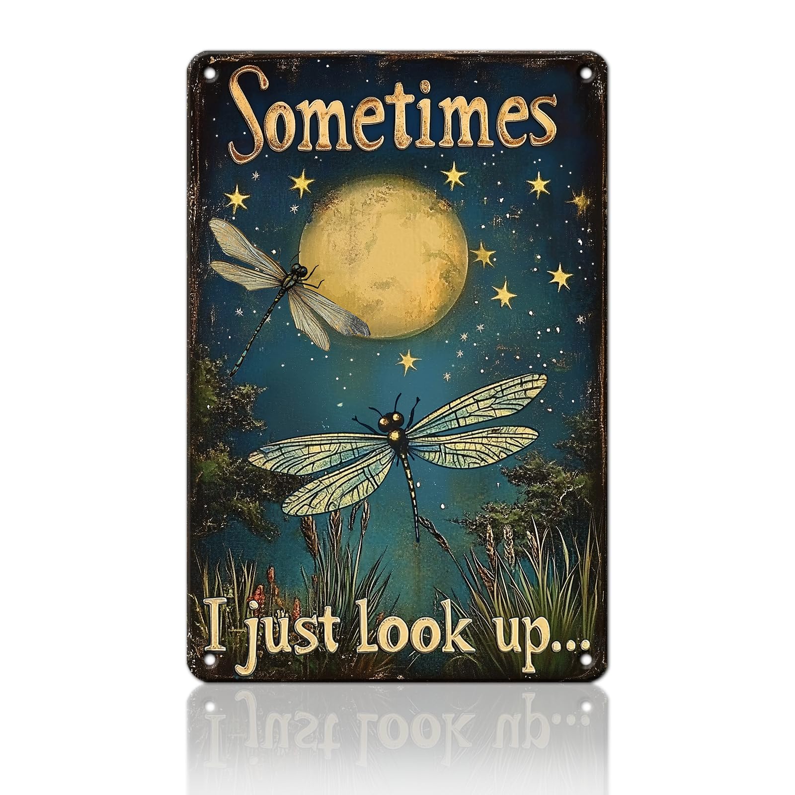 Anceky Vintage Metal Sign Night Sky With Dragonflies And Moon Tin Sign Funny Wall Decor for Garden Yard Home Farmhouse Kitchen 12×16 Inch