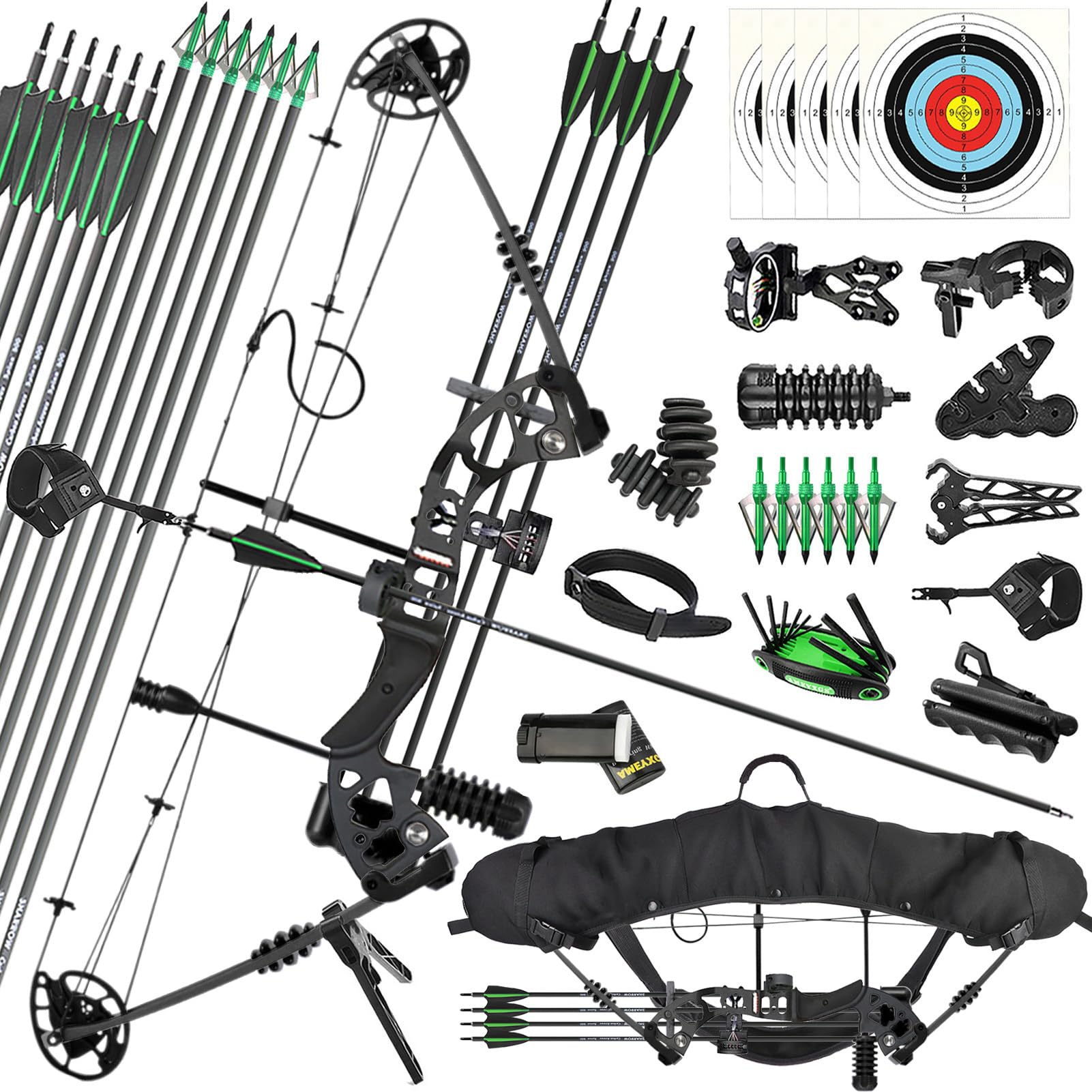 ZSHJGJR Compoundbow Set 25-60 lbs Adjustable Archery Bow and arrow Set Compound bow kit Compound bows for adults Compound bow accessories RH LH (Black, Right Handed)
