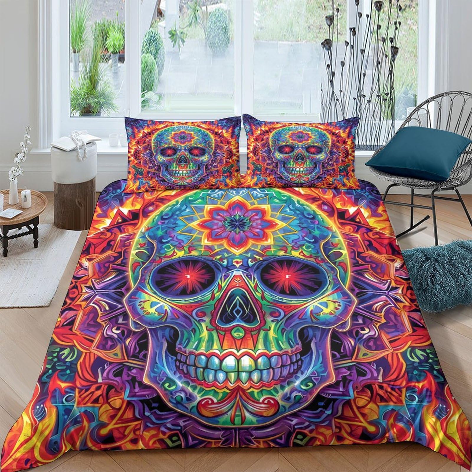 Ctjqhvkz Style-4 3D Printed Psychedelic Skull Fitted Sheet Microfiber Vibrant Colourful Sugar Skull Bed Cover Bedroom Decor Single（135X200cm）