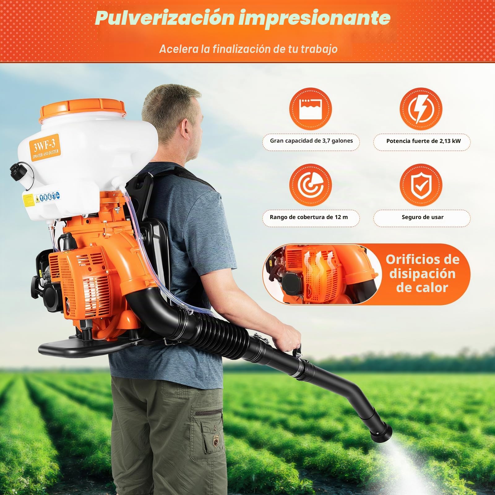Motor de Pulverización de Gasolina para Espalmar en la Espalda 14L 2 Tiempos 2 13kW 2130W 7500 rpm 7500 U/min Alcance de Pulverización 12m Volumen de Pulverización 4L/min con Palanca de Control para