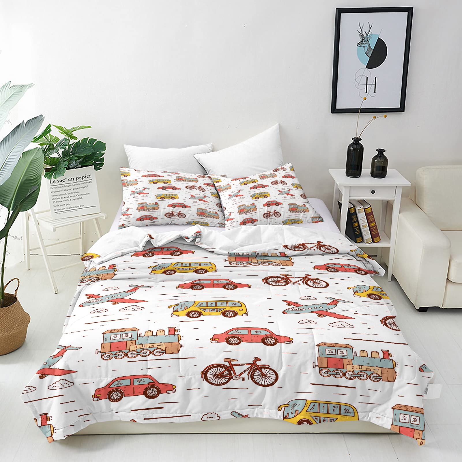 ANHOPE Transport Duvet Cover Set Soft Comforter Cover Car Airplane Bicycle Print Pattern 3 Piece Bedding Set with Pillowcase All Season Quilt Cover with Zipper for Kids Adults Double Size — image 1