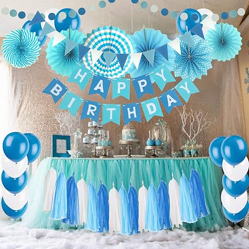 Miniatura 7 de ZERODECO Decoración de fiesta de cumpleaños, pancarta azul de feliz cumpleaños con abanicos de papel, guirnalda de guirnaldas triangulares,
