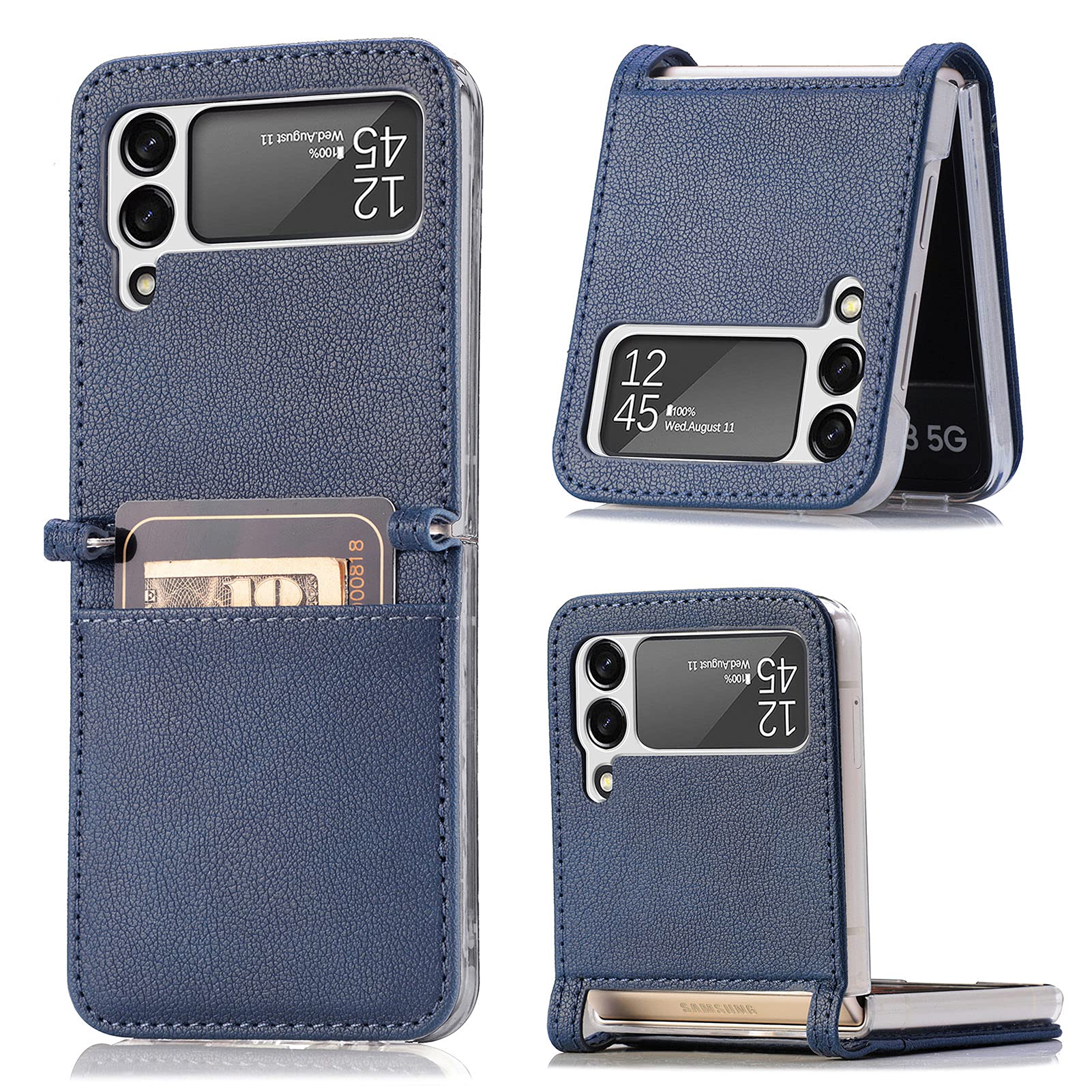 Galaxy Z Flip 3 5G Case,Samsung Z Flip 3 Luxury PU Leather Wallet Protective Phone Case with Card Slots Pocket Cover Case for Samsung Galaxy Z Flip 3 5G Navy Blue